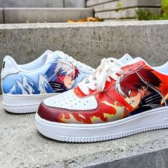 PLEASE NOTE THAT THEY ARE OFF BRAND SHOES AND NOT AUTHENTIC NIKE AF1 Fire and Ice Todoroki - Low Top Sneaker -July 2021 Edition. Design made by Anime X Sneakers Artists, inspired by Air Force 1's. For bigger sizes, better prices and more designs please visit our official shop at animexsneakers.com Material Leather upper with mesh lining construction Soft EVA padded insoles  EVA outsole for traction and exceptional durability. Our sneakers are for Men and Women. All of our Anime Shoes like Air 1 styles are custom-made-to-order and handcrafted to the highest quality standards. ✅Be sure to understand the material and type of the product before you place an order, any questions & cases about the material (when you have received the item). ✅ Our shoes are made to order so cancel, Returns & Exch Korean Street Fashion Men, Anime Sneakers, Custom Af1, Custom Painted Shoes, Nike Shoes Air Force, Painted Sneakers, Anime Streetwear, Anime Shoes, Custom Air Force 1