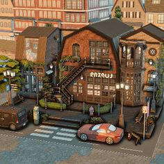 an artistic rendering of a town with cars and buildings on the street in front of it