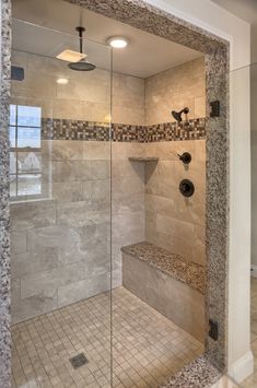 a walk in shower sitting inside of a bathroom