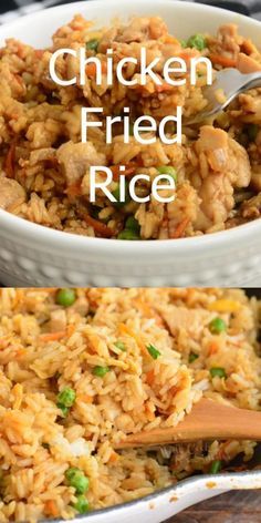 chicken fried rice with peas and carrots in a white bowl