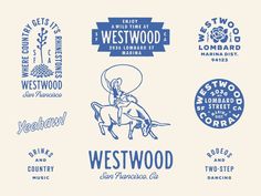 the logos for westwood are shown in blue and pink colors, including one with an image of a man on a horse