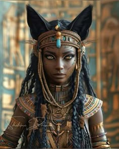 an egyptian woman with black hair and cat ears on her head, wearing gold jewelry