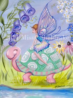 a painting of a fairy riding on top of a turtle