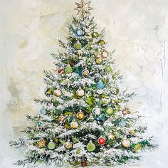 a painting of a white christmas tree with ornaments on it's top and bottom