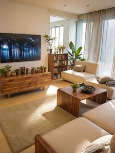 a living room filled with furniture and a painting on the wall above it's windows