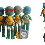 three different pictures of teenage mutant toys, one in green and the other in yellow