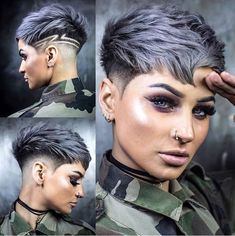 Pixie Hair Color Ideas Funky Hairstyles, Funky Pixie Cut, Shaved Hair Designs, Cortes De Cabello, Haircut Designs, Short Grey Hair, Hair Tattoos