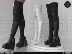 three women's high heeled boots with chains on the bottom and one in white