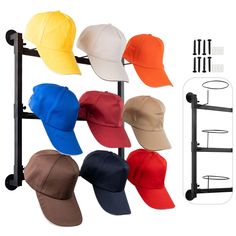 several hats are hanging on a rack with hooks and clips to hold them in place