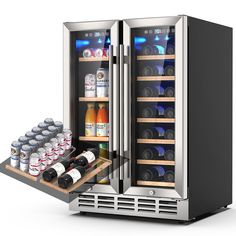 an open refrigerator with several bottles of wine and drinks in it, on a white background