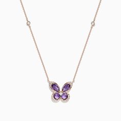 Effy Nature 14K Rose Gold Amethyst and Diamond Butterfly Necklace, 1.27 TCW Fine Jewelry Rose Gold Amethyst Necklaces, Fine Jewelry Rose Gold Amethyst Necklace, Diamond Butterfly Necklace, Rose Stone, Diamond Butterfly, Butterfly Necklace, Diamond Jewellery, Gold Rose, Diamond Jewelry