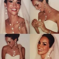 four different pictures of a woman in wedding dress smiling and wearing pearls on her necklace