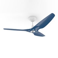 a blue ceiling fan with a white light on it's head and two blades