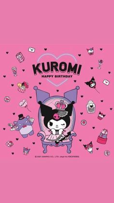 a pink background with various items on it and the words kuromi happy birthday