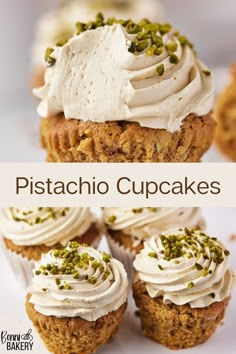 some cupcakes with white frosting and pistachio toppings on top