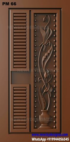 an ornate door with decorative designs on the sides and side panels, in brown color