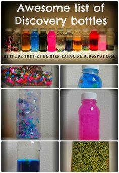 there are many bottles with different colored liquids in them and the words, awesome list of discovery bottles