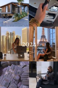 a collage of photos with people sitting at desks and buildings in the background