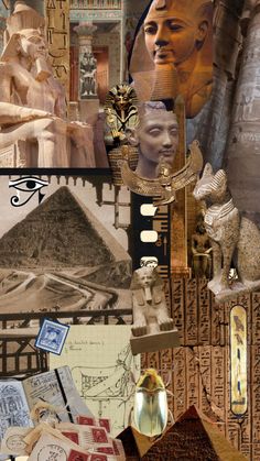 collage of egyptian art and architecture including an obelisk, sphinx head, pyramids, etc