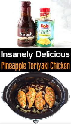 three ingredient crockpot teriyaki chicken recipe in the slow cooker with text overlay