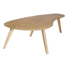 an oval wooden table with two legs and a curved design on the top, against a white background