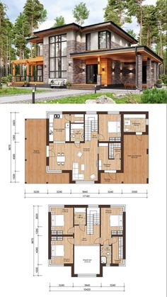 two story house plans with floor plans and measurements for each room, including the living area