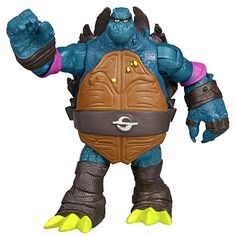 the action figure is wearing an orange helmet and blue body with yellow feet, holding his arms out