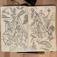 an open notebook with some drawings on it