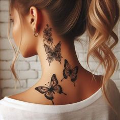 Floral Back Neck Tattoo, Unique Spine Tattoos For Women, Unique Spine Tattoos, Butterfly Neck Tattoo, Botanical Tattoos, Sister Tattoo Designs, Unique Butterfly Tattoos, Meaningful Symbols, Word Tattoo