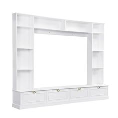 a white entertainment center with shelves and drawers on each side is shown in front of a white background