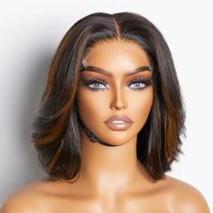 Side Part 5x5 Closure Wig, Clueless Wigs, Highlighted Bob Wig, Glueless Wigs Black Women, Closure Wig Hairstyles, Natural Blonde Highlights, Short Pixie Bob, Stacked Bobs, Stacked Bob