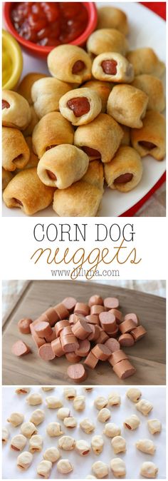 corn dog nuggies recipe is shown in three different pictures