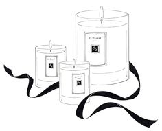 three candles with black ribbons around them on a white background, one candle is lit and the other has a ribbon in front of it