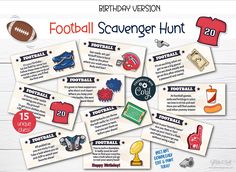 a bunch of football scavenger hunt cards