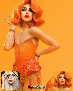 a woman with bright orange hair and make - up on her face is wearing an orange dress