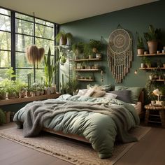 a bedroom with green walls and lots of plants