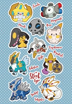 the pokemon sticker sheet has many different types of cartoon characters and their names on it