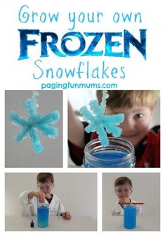 the process for making frozen snowflakes is shown in four different pictures, including one with