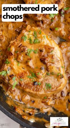 chicken chops in a skillet with sauce and parsley on top