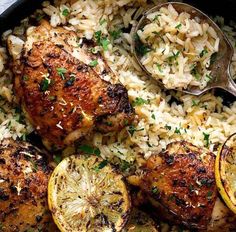 chicken with lemons and rice in a skillet