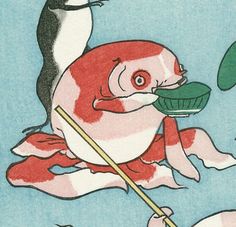 an illustration of a fish with a spear in its mouth and another fish behind it