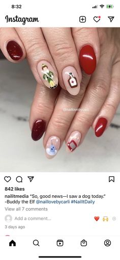 Buddy The Elf Tattoo, Elf Movie Nails, Elf Nails Christmas, Buddy The Elf Nails, Elf Christmas Nails, Elf Nails Designs, Christmas Nails Kids, Christmas Movie Nails, Elf Nail Art