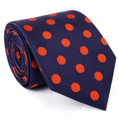 A Blue Navy Formal Ties For Summer, Navy Fitted Tie For Office, Polka Dot Ties For Black Tie Occasions, Polka Dot Fitted Ties For Business, Upscale Outfit, Orange Business Tie, Business Polka Dot Ties, Polka Dot Business Ties, Elegant Polka Dot Ties