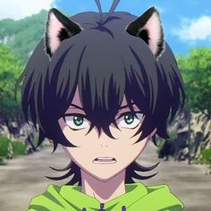 an anime character with black hair and blue eyes wearing a green hoodie looking at the camera