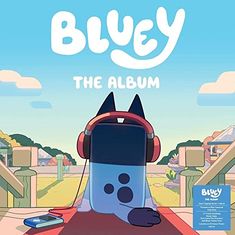 a cartoon dog with headphones on sitting in front of a red carpet and blue sky