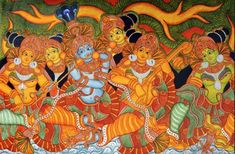 an artistic painting on the wall of a temple in india, depicting deities riding horses