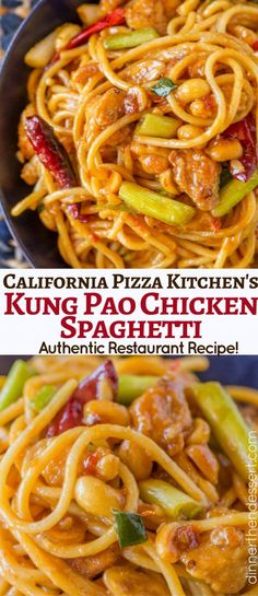 two pictures with different types of pasta in them and the words california pizza kitchen's kong pao chicken spaghetti