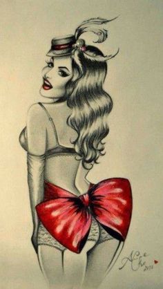 Evvi Art, Bow Tattoo Designs, Pin Up Girl Tattoo, Arte Pin Up, Kunst Tattoos, Pin Up Vintage, Bow Tattoo, Pin Up Tattoos, Inked Magazine