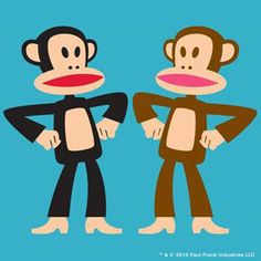 two monkeys standing next to each other on a blue background