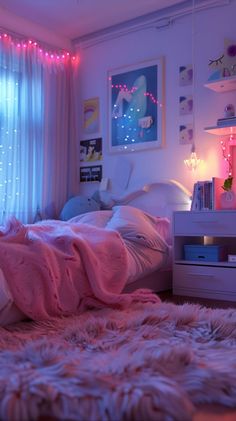 a bedroom with pink lights on the ceiling and a bed in front of a window